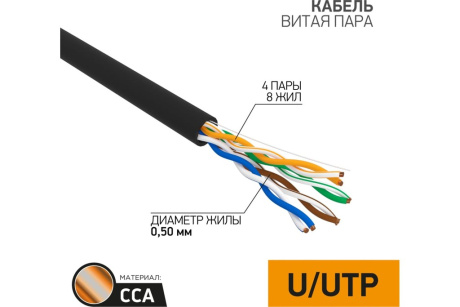 Купить Интернет кабель наружн. UTP 4PR 24AWG  CCA  CAT5e  PE  305м  черный  PROCONNECT фото №1